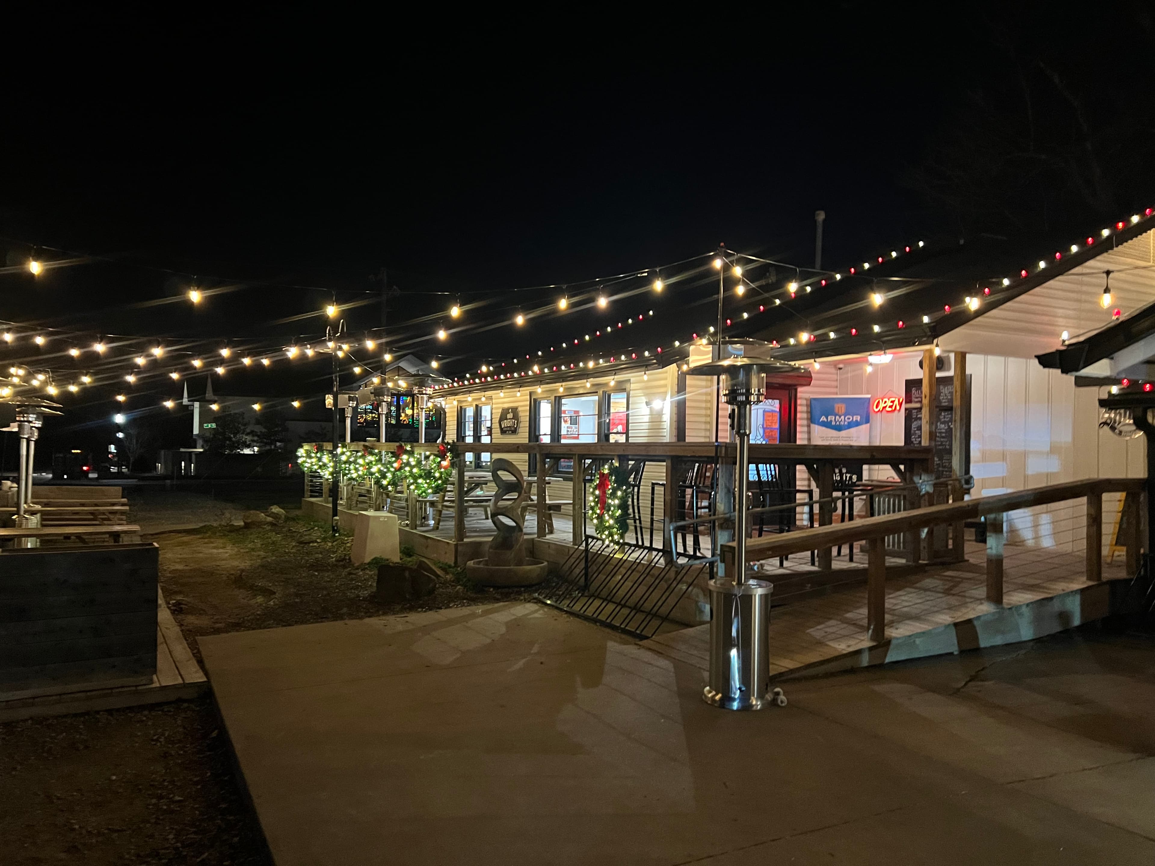 Restaurant patio with string lights in the evening
