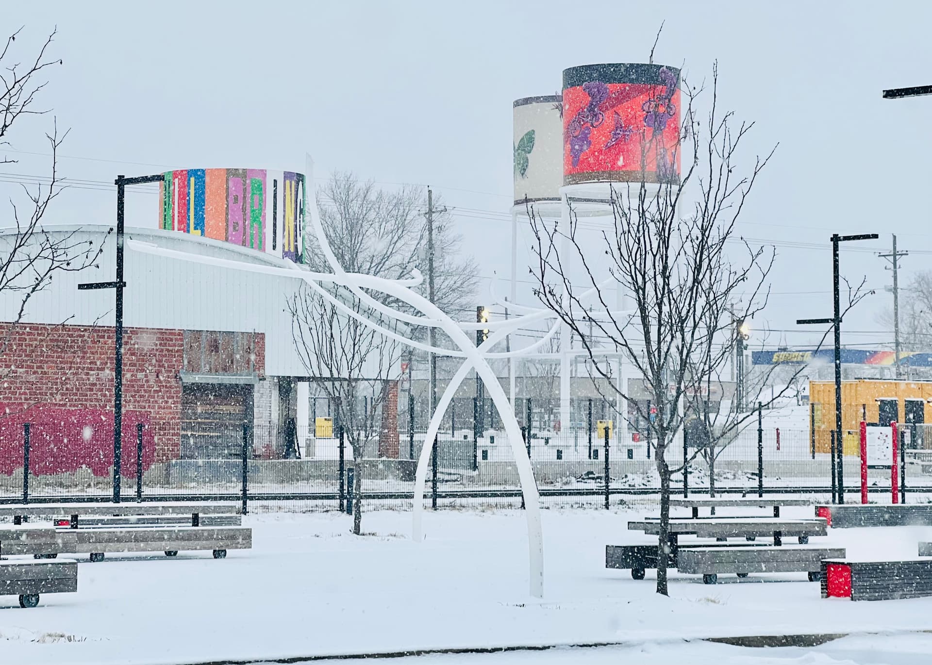 Railyard Bike Park and water towers in Downtown Rogers